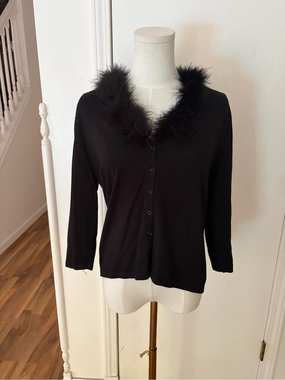 Vintage Black Silk, Faux-Fur Trim Button Down Cardigan Sweater, Large